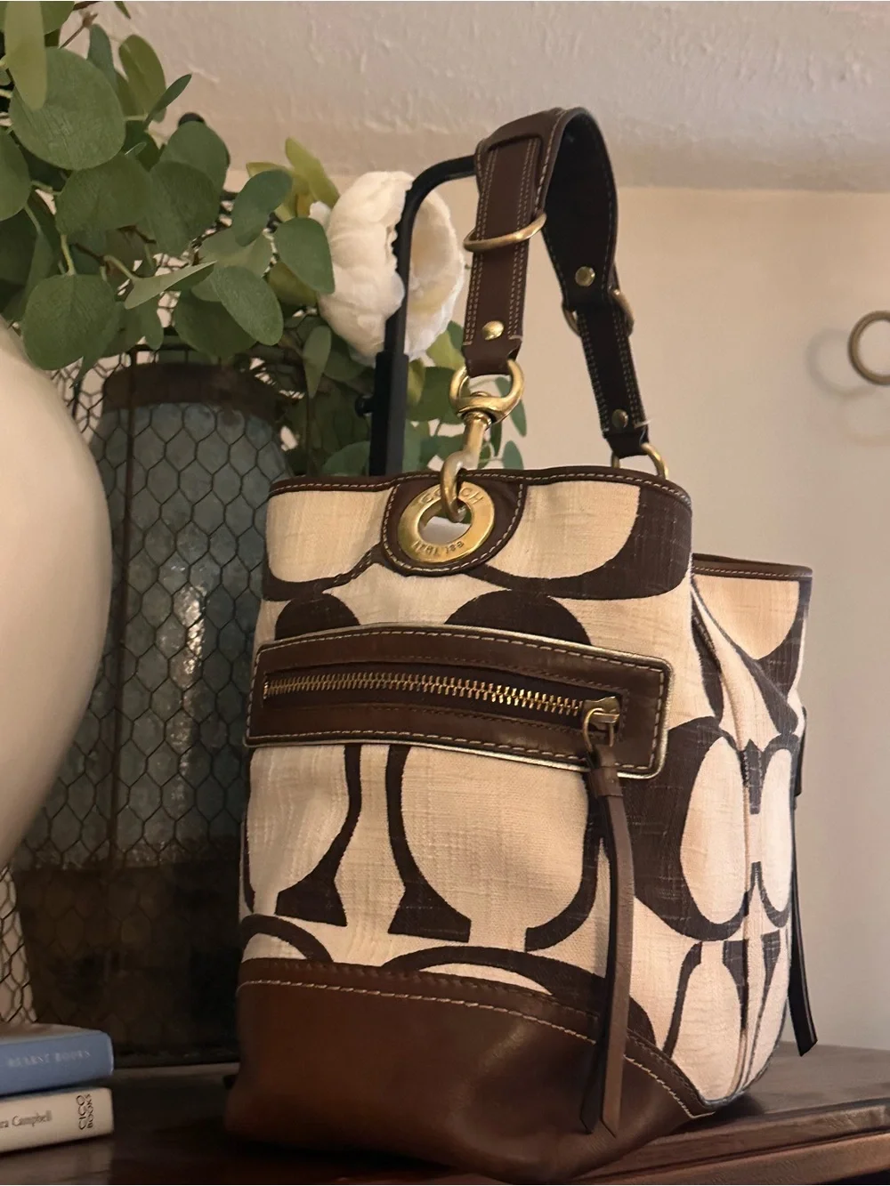 VINTAGE Y2K Coach Carly Hobo Bag – Rare Giant C Brown & Cream Linen #7473